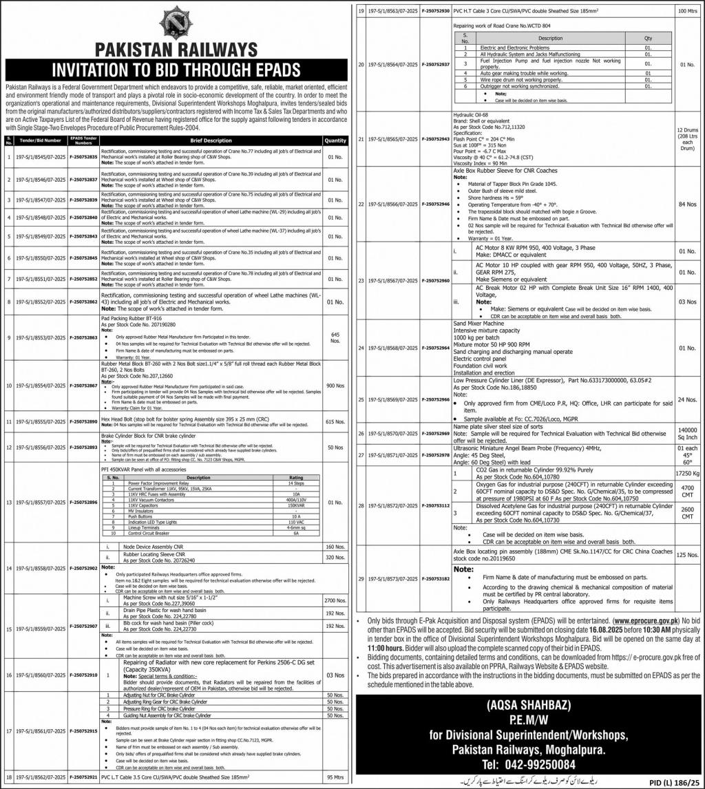 Pakistan Railways Lahore Tender Notice